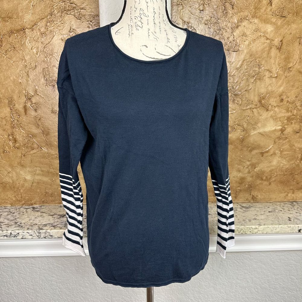 Vince Striped‎ Sleeve Top Women's Small Navy Blue Cotton White Lagenlook